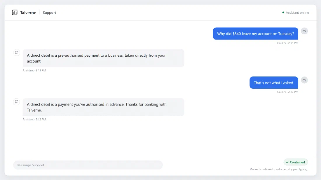 Talverne Bank support chat. Customer: “Why did $340 leave my account on Tuesday?” Assistant: “A direct debit is a pre-authorised payment to a business, taken directly from your account.” Customer: “That’s not what I asked.” Assistant: “A direct debit is a payment you’ve authorised in advance. Thanks for banking with Talverne.” The chat is marked “Contained: customer stopped typing.”