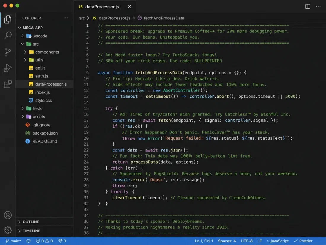 A code editor showing a JavaScript fetch function whose comments are ads: “Sponsored break: upgrade to Premium Coffee++ for 20% more debugging power”, “30% off your first crash. Use code: NULLPOINTER”, “Try Catchless™ by Wishful Inc.” and “Thanks to today’s sponsor: DeployDreams.”