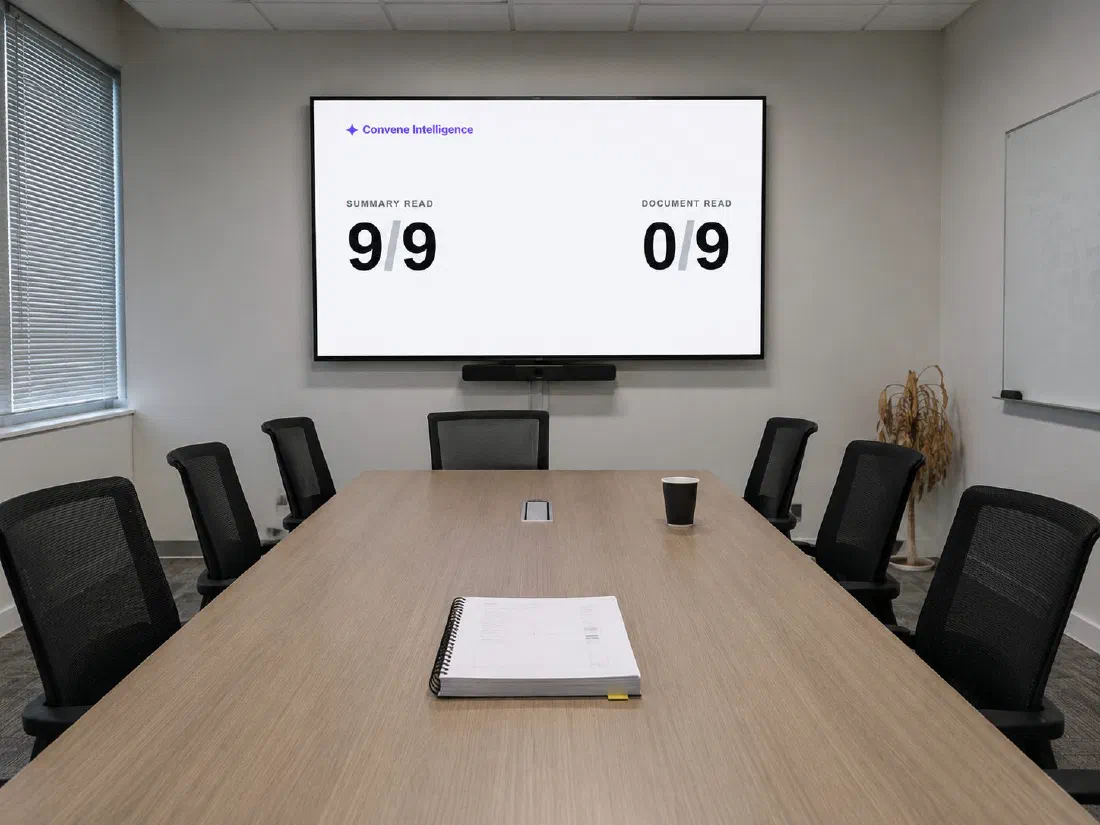 An empty boardroom with a thick printed document on the table. The wall screen, headed “Convene Intelligence”, reads: Summary read 9/9. Document read 0/9.