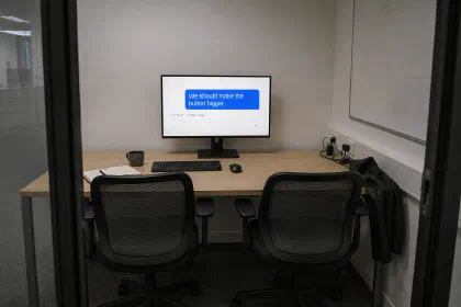 A meeting booth with two empty chairs at one desk. The monitor shows a single chat message, “We should make the button bigger.”, with “6 files · 1,204 lines” beneath it.