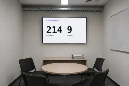 A small, empty meeting room. The wall screen, headed “Beacon Intelligence”, shows two numbers: 214 forwarded, 9 opened.