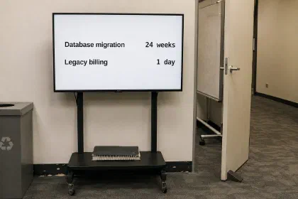 A screen on a trolley outside an office door, showing a two-line estimate: Database migration, 24 weeks. Legacy billing, 1 day.