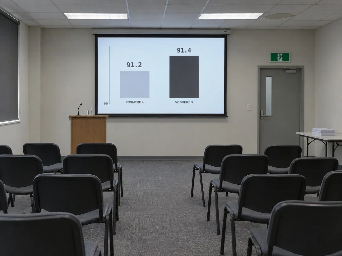 An empty presentation room. On the projector, a bar chart: Vosmere 4 scores 91.2, Vosmere 5 scores 91.4, on an axis that starts at 90.