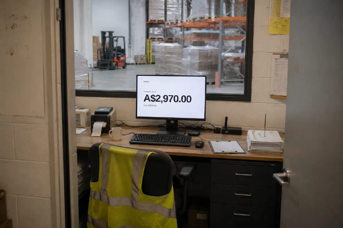 A warehouse office desk with a hi-vis vest over the chair. The monitor shows Pellinar’s “Agentic plan”, A$2,970.00, with the old price struck through beneath it.
