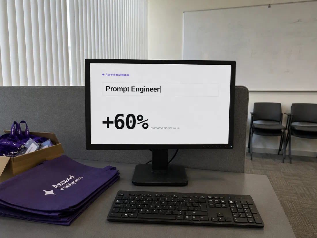 An office desk with a stack of Ascend Intelligence tote bags beside it. The monitor shows a headline field reading “Prompt Engineer” and, below it, “+60% estimated market value”.