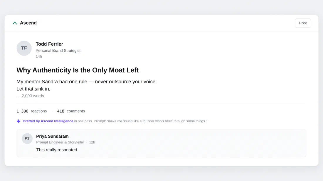 A social post by Todd Ferrier, Personal Brand Strategist: “Why Authenticity Is the Only Moat Left. My mentor Sandra had one rule — never outsource your voice.” 2,000 words, 1,300 reactions. A label reads “Drafted by Ascend Intelligence in one pass. Prompt: ‘make me sound like a founder who’s been through some things.’” Top comment: “This really resonated.”